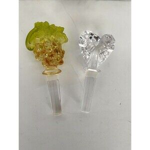 Lot of 2 MIKASA Crystal Glass Wine Bottle Stoppers Grapes Vine & Heart Shaped